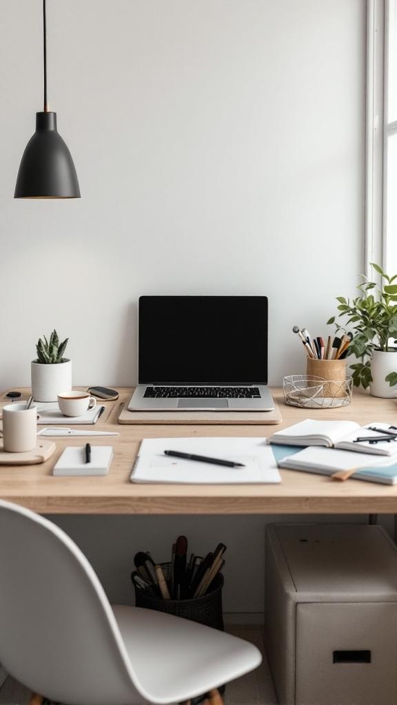 A functional workspace at a kitchen table with a laptop, notebooks, and plants.