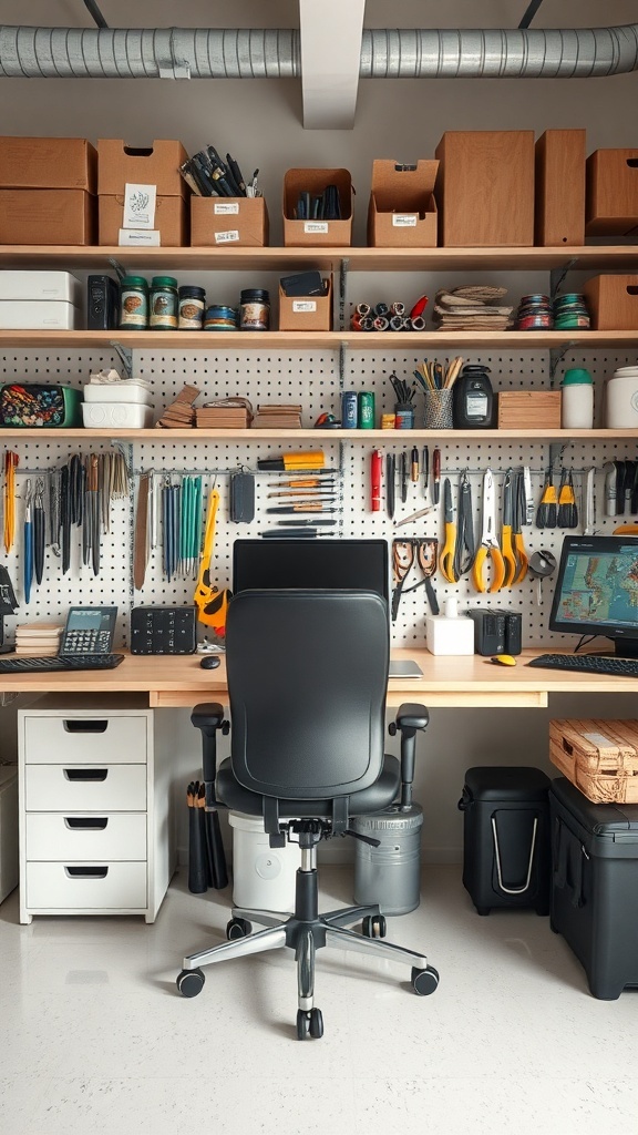 A functional hobby room workspace with organized tools and a comfortable chair.