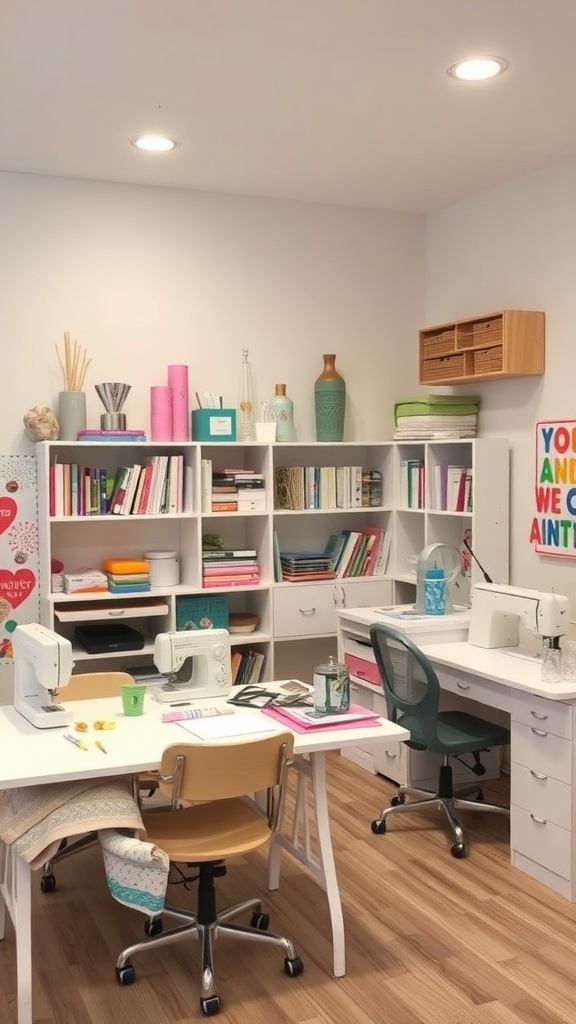 A bright and organized craft room with sewing machines and shelves filled with supplies.