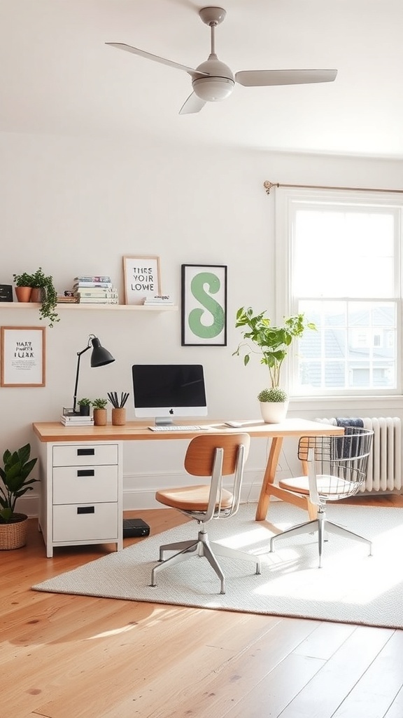 A bright and functional workspace featuring a wooden desk, two chairs, and decorative elements.