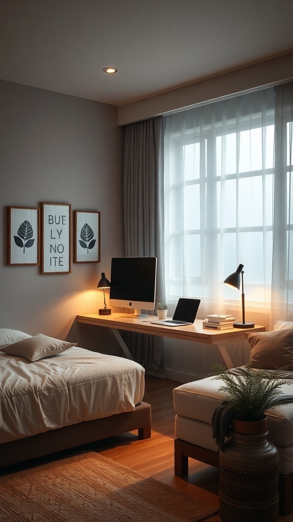 A cozy modern bedroom featuring a workspace with a desk, computer, and warm lighting.