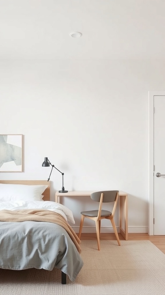 Minimalist bedroom with a workspace featuring a desk and chair.