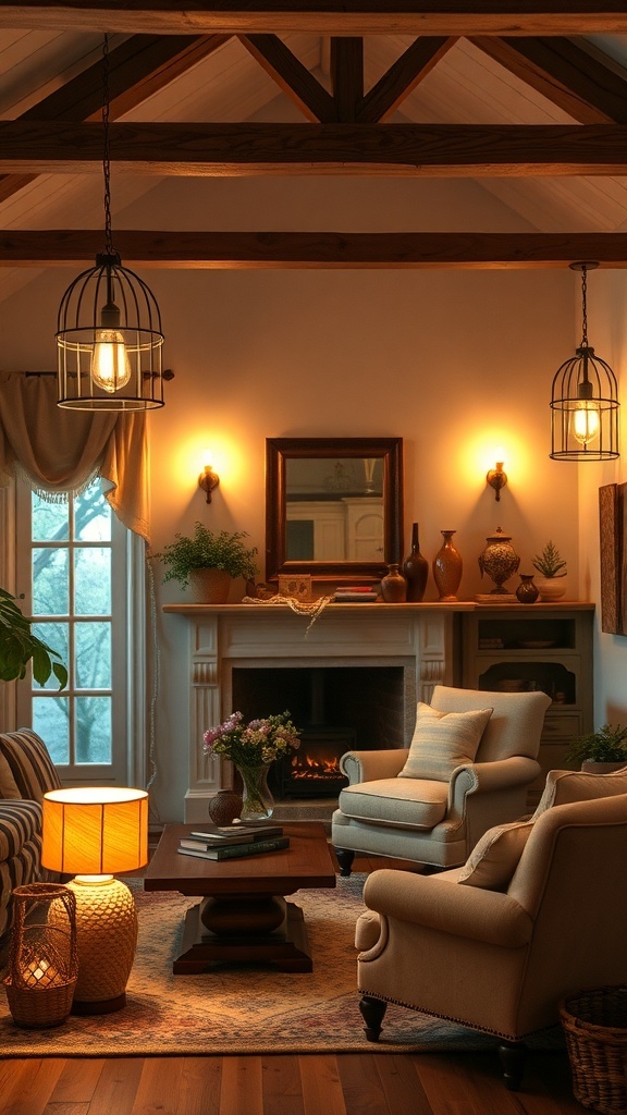 A cozy French cottage living room with warm lighting and charming decor.