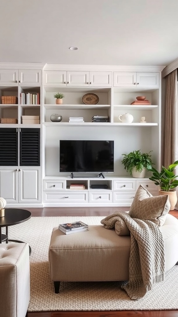 A cozy living space with neutral tones, featuring a stylish storage unit and comfortable seating.