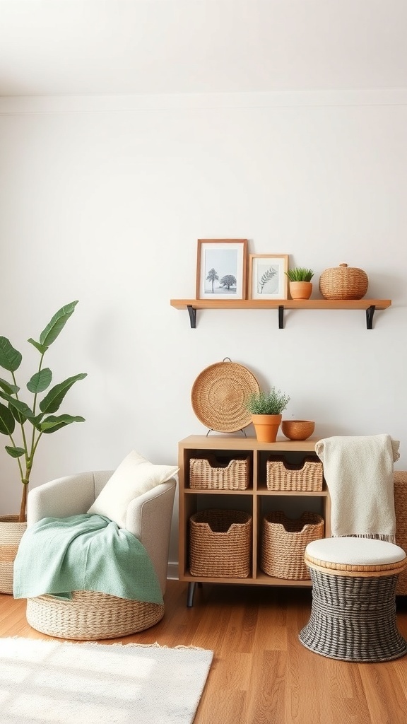 A cozy country cottage living room with stylish storage solutions including woven baskets and wooden shelves.