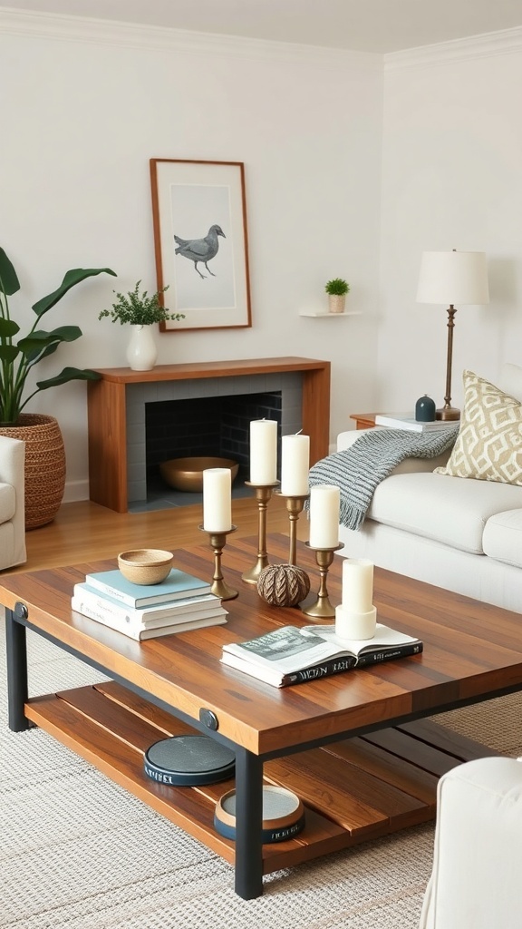 A modern farmhouse living room featuring a stylish coffee table with decorative items.
