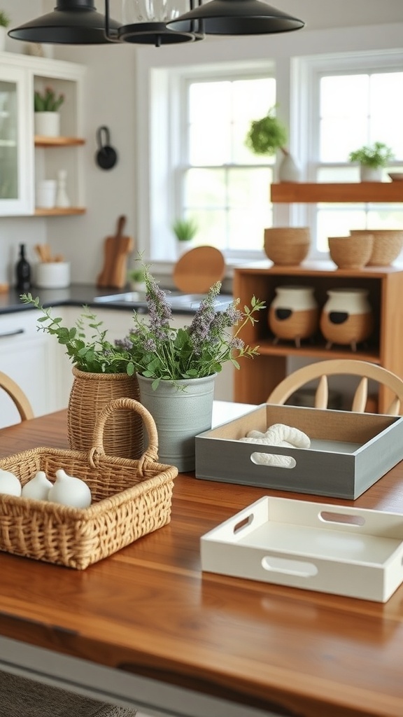 Farmhouse kitchen table with decor including baskets, trays, and plants.