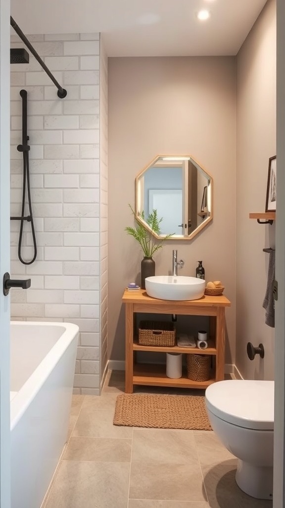 A modern rustic bathroom featuring a wooden vanity, round sink, and neutral tones.