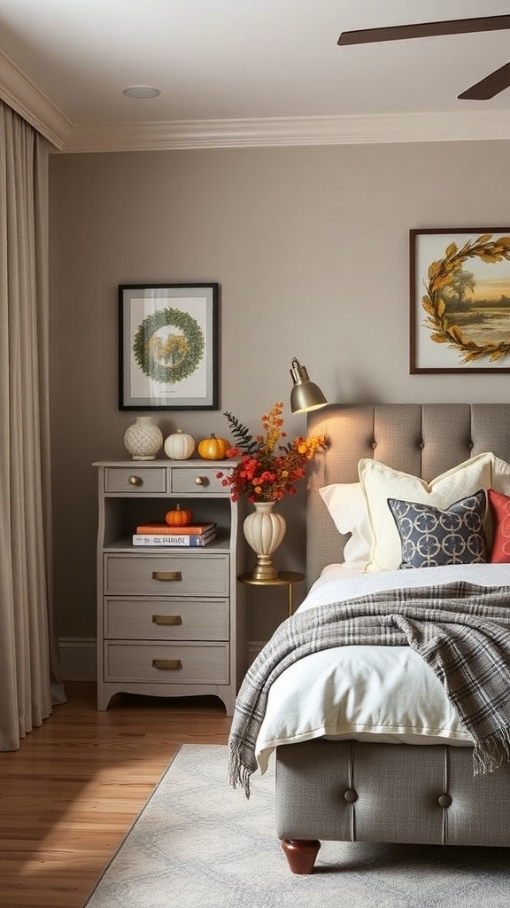 A cozy fall-themed bedroom with a wooden bed frame, decorative pillows, and a nightstand featuring a pumpkin and flowers.