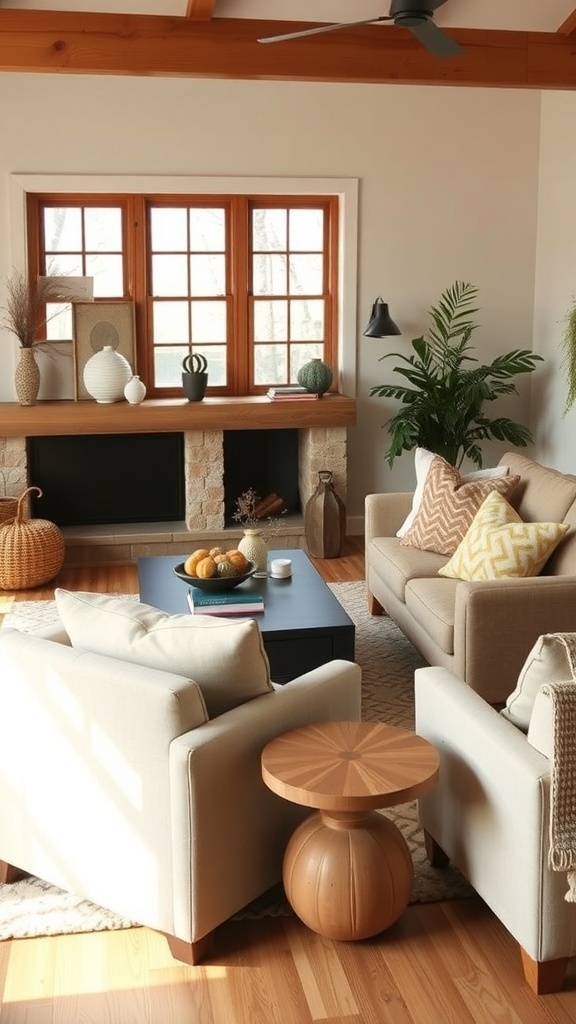 A cozy fall living room featuring soft sofas, a unique coffee table, and natural light.
