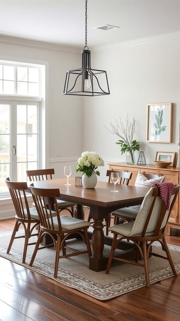 A modern farmhouse dining area featuring a wooden table and chairs, with a stylish pendant light and decorative elements.
