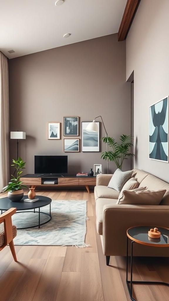 A stylish living room featuring a cozy sofa, coffee table, and decorative elements.