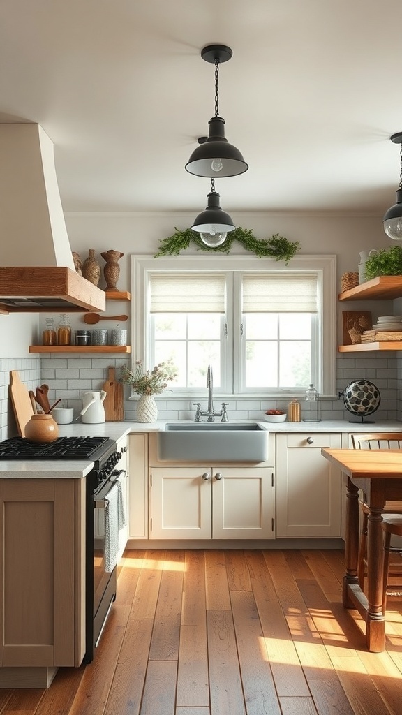 A rustic farmhouse kitchen featuring a functional layout with wooden accents, open shelving, and natural light.