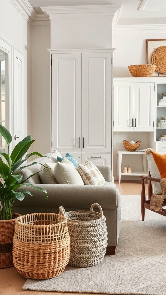 A cozy boho farmhouse living room with woven baskets for storage.