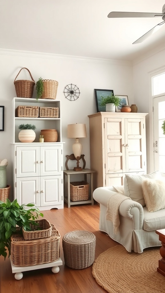 A vintage farmhouse living room featuring stylish storage solutions like woven baskets and rustic cabinets.