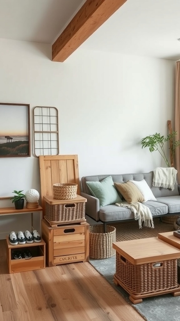 A rustic living room featuring wooden crates and woven baskets for storage.