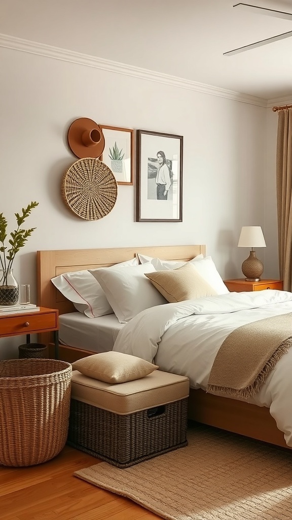 A warm and cozy bedroom featuring stylish storage solutions like woven baskets and a storage ottoman.