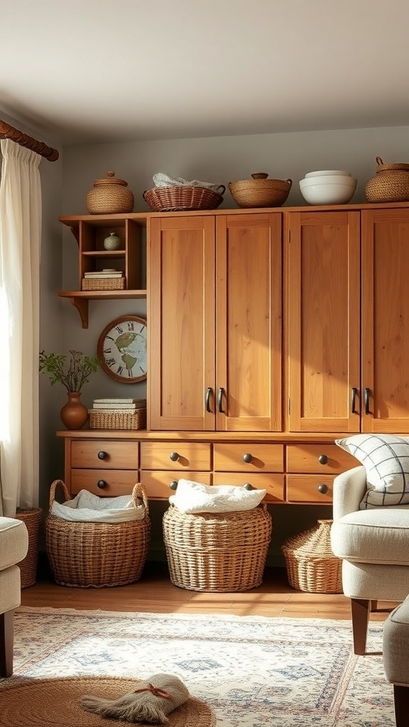 A rustic living room with wooden cabinets and woven baskets for storage.