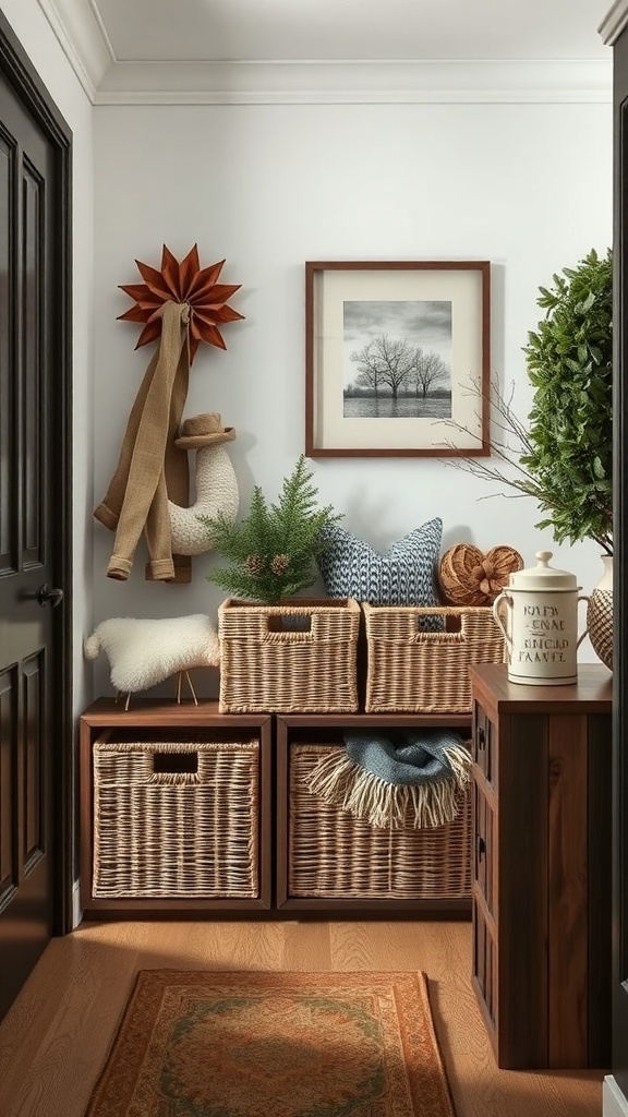 A cozy storage area with woven baskets, a wooden shelf, and decorative items.