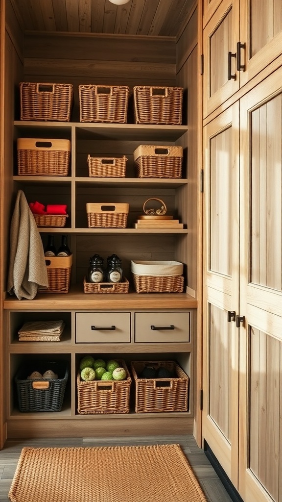 A cozy cabin storage area featuring wooden shelves filled with woven baskets and neatly arranged items.