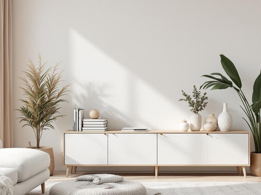 A modern storage unit with plants and decorative items in a cozy living room
