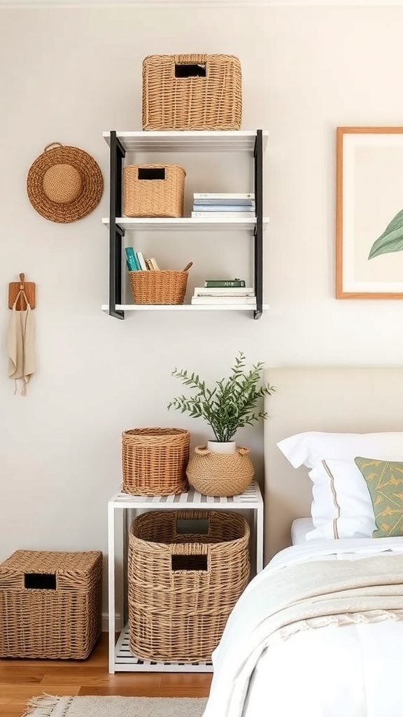 Neutral bedroom decor with functional storage solutions including woven baskets and shelves.