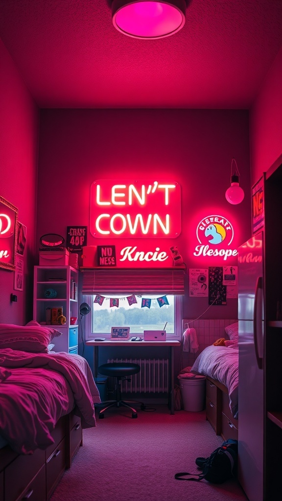 A dorm room featuring bright pink neon lights and signage, creating a vibrant and playful atmosphere.