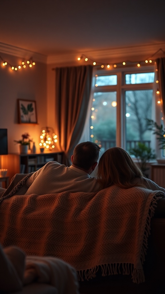 A couple snuggled under a fuzzy blanket on a couch, surrounded by soft lighting and fairy lights, enjoying a cozy movie night.