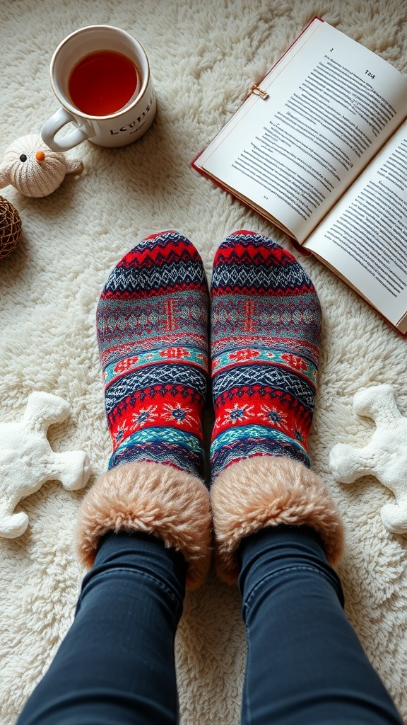 A pair of colorful, patterned fuzzy socks on a soft rug, with a cup of tea and an open book nearby.