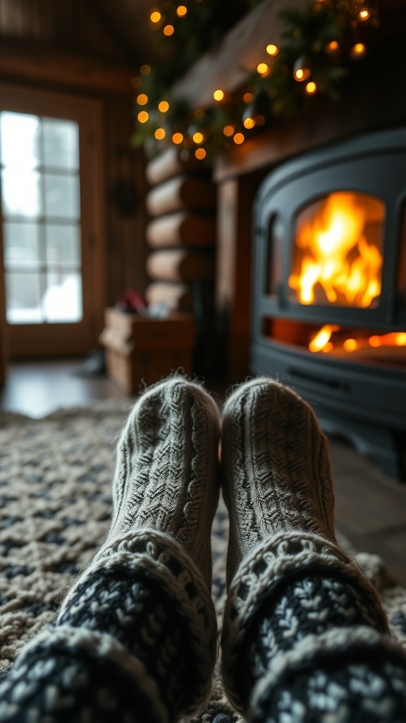 Cozy winter cabin scene with fuzzy slippers and socks in front of a fireplace.