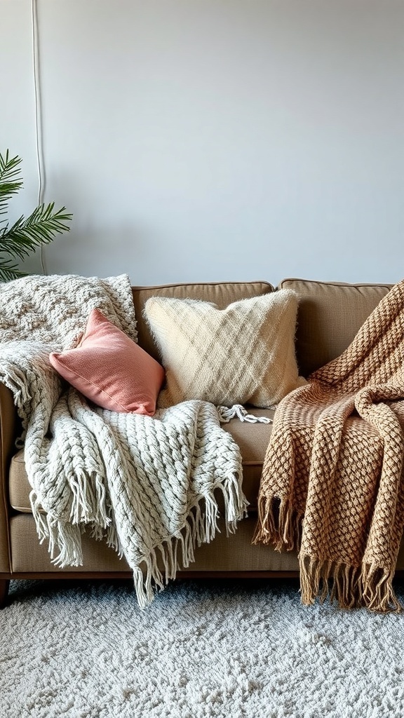 A cozy couch adorned with fuzzy throws and pillows in warm colors.