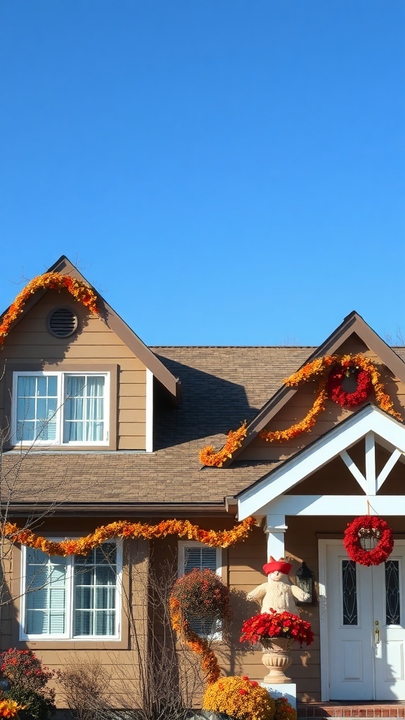 A house with a gabled roof decorated with fall accents like flowers and a scarecrow.