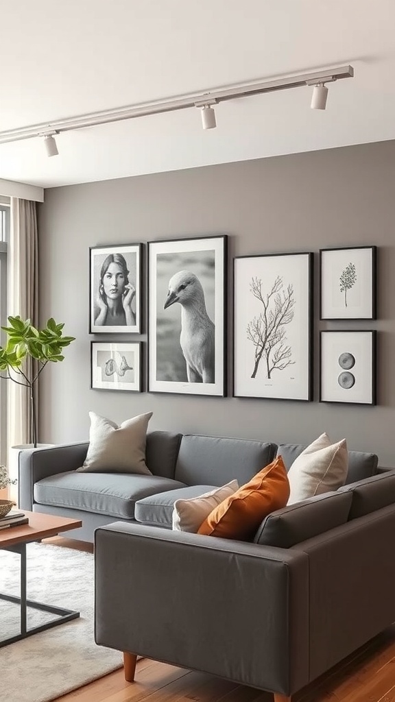 A modern living room featuring a gallery rail with framed art and stylish furniture.