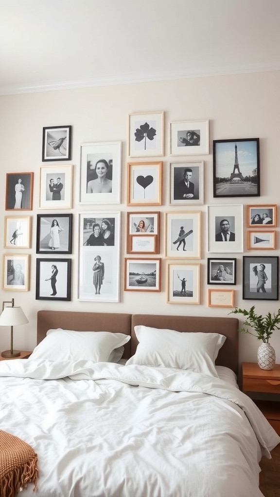 A gallery wall with various framed black and white photos and art pieces above a bed.