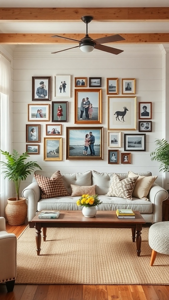 Cozy farmhouse living room with a gallery wall of family photos, a comfortable sofa, and a coffee table.