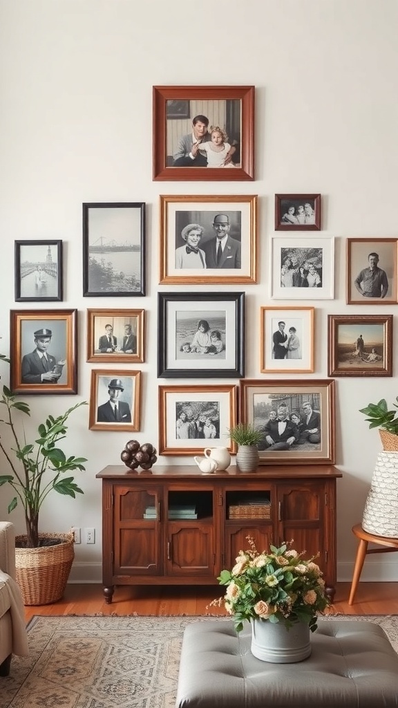 Gallery wall featuring various family photos in different frames.