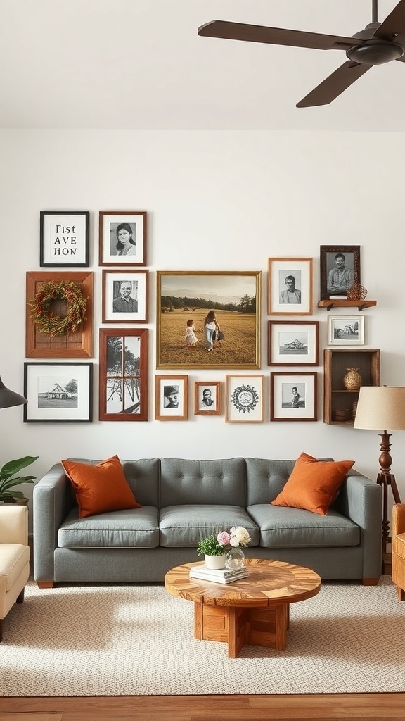 Gallery wall of family photos above a gray sofa in a cozy living room