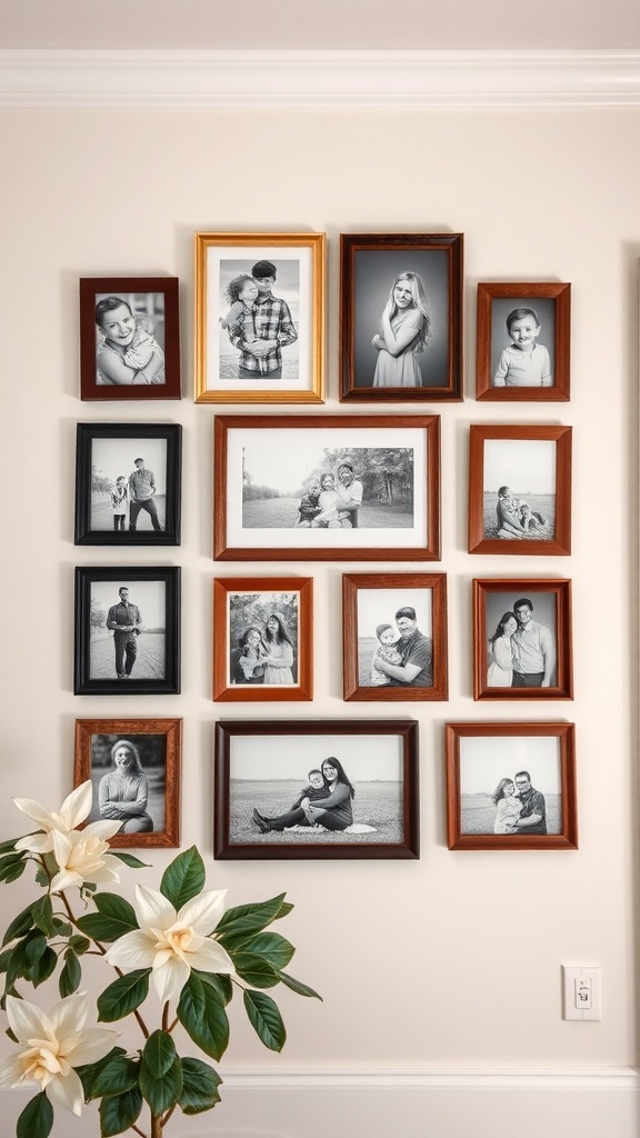 Gallery wall of family photos in a farmhouse living room.