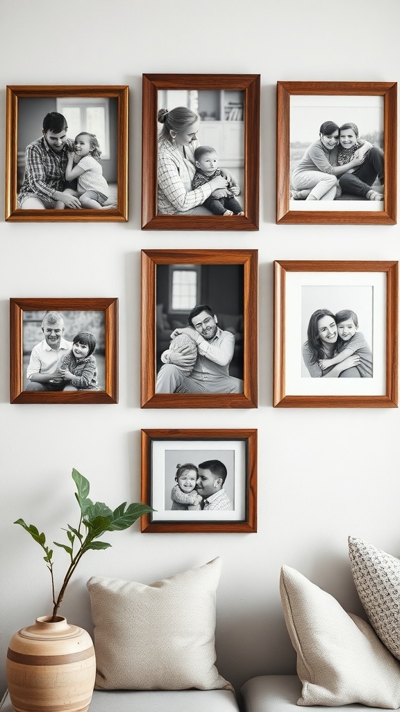Gallery wall featuring family photos in wooden frames