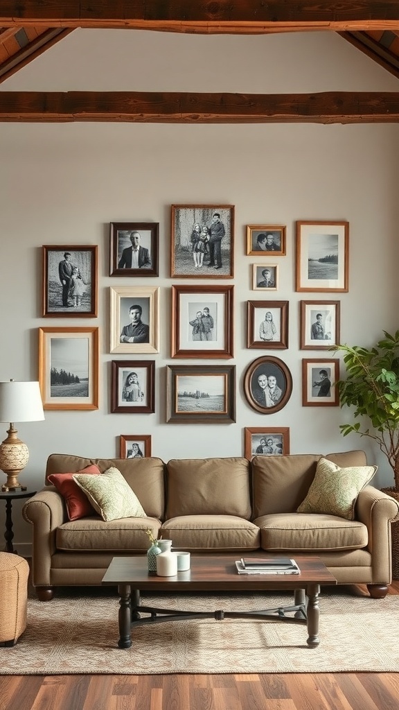 Gallery wall with various framed black and white photos above a brown sofa in a rustic living room.