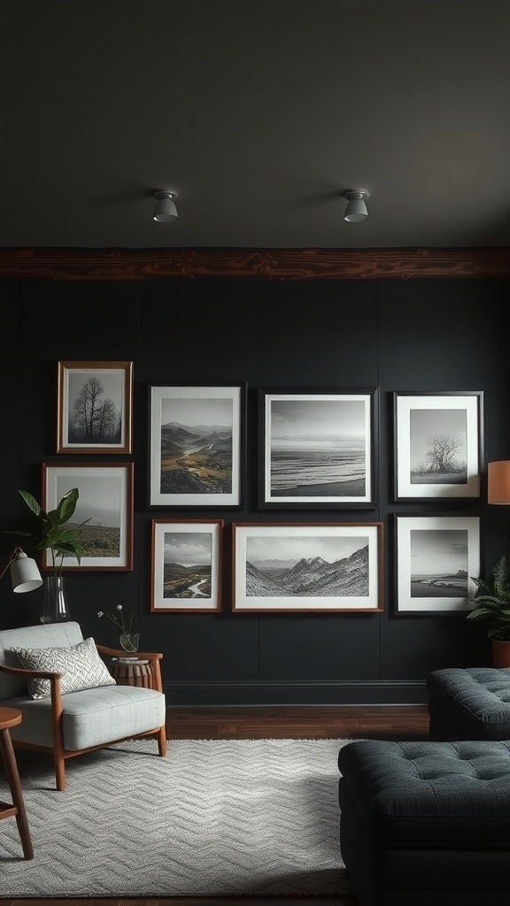 Gallery wall featuring nature art in a dark rustic living room