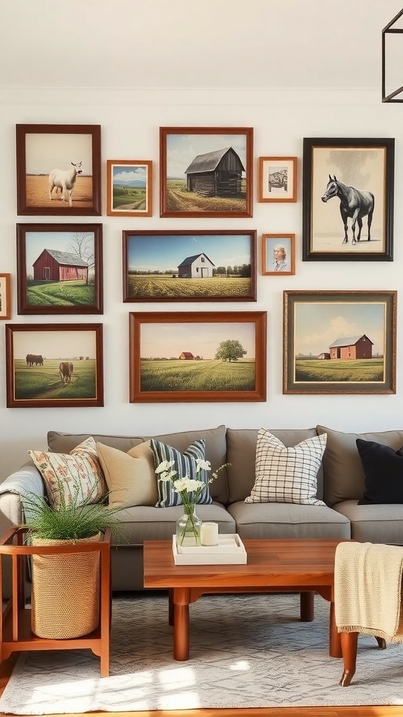 Gallery wall with farm-themed art above a cozy sofa in a living room.