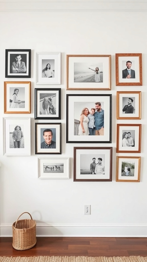 Gallery wall featuring a variety of framed personal photos in different styles and colors.