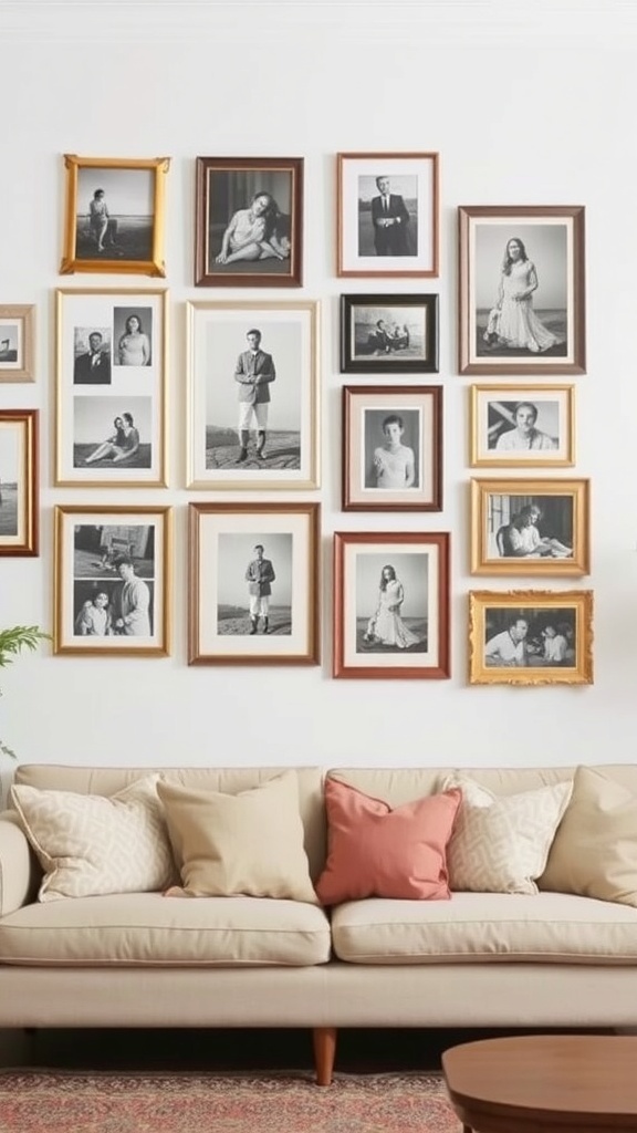 Gallery wall featuring a variety of black and white framed photos above a beige couch with colorful pillows.