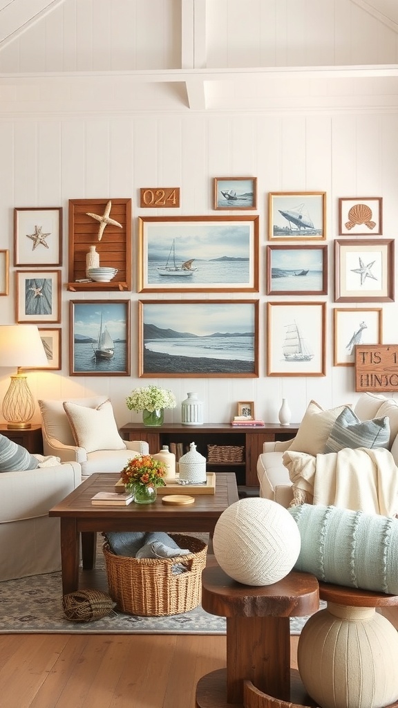 Gallery wall featuring coastal art and quotes in a living room setting.