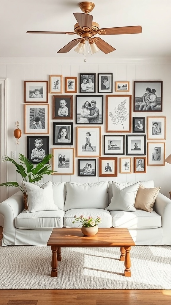 A cozy farmhouse living room with a gallery wall featuring various framed photos and artwork.