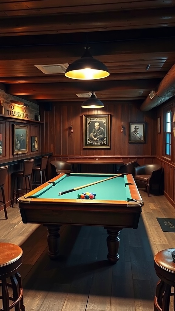 A rustic basement bar with a pool table and wooden decor.