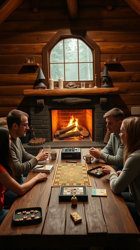 A group of friends playing board games by a fireplace in a cozy cabin.