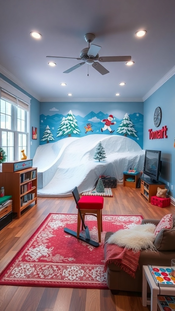 A cozy game room with a snowy backdrop, featuring a chair, a rug, and a TV.