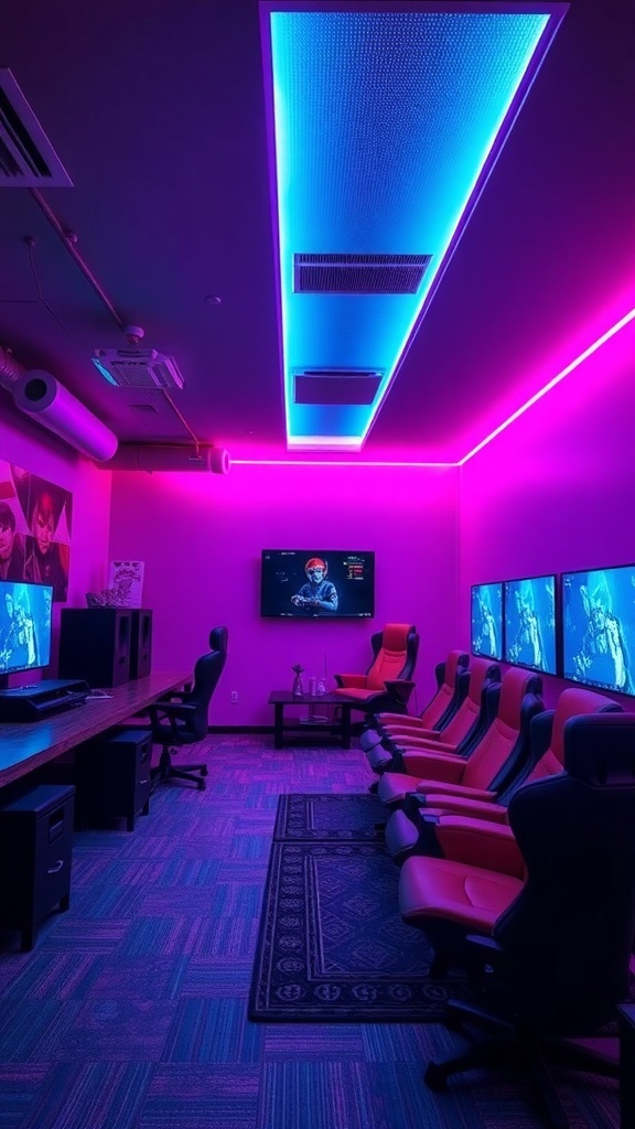 A modern gaming room with neon lighting, multiple screens, and comfortable seating.